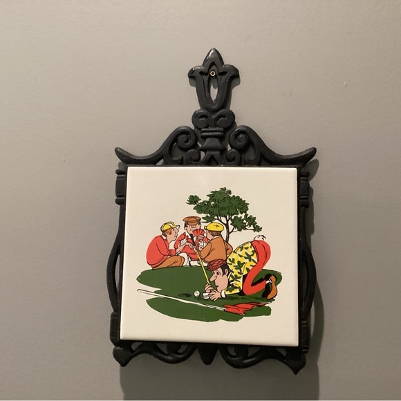 Vintage - Cast Iron and Ceramic Crafted Tile, Golf Themed, Trivet - Great Shape - Picture 7 of 10